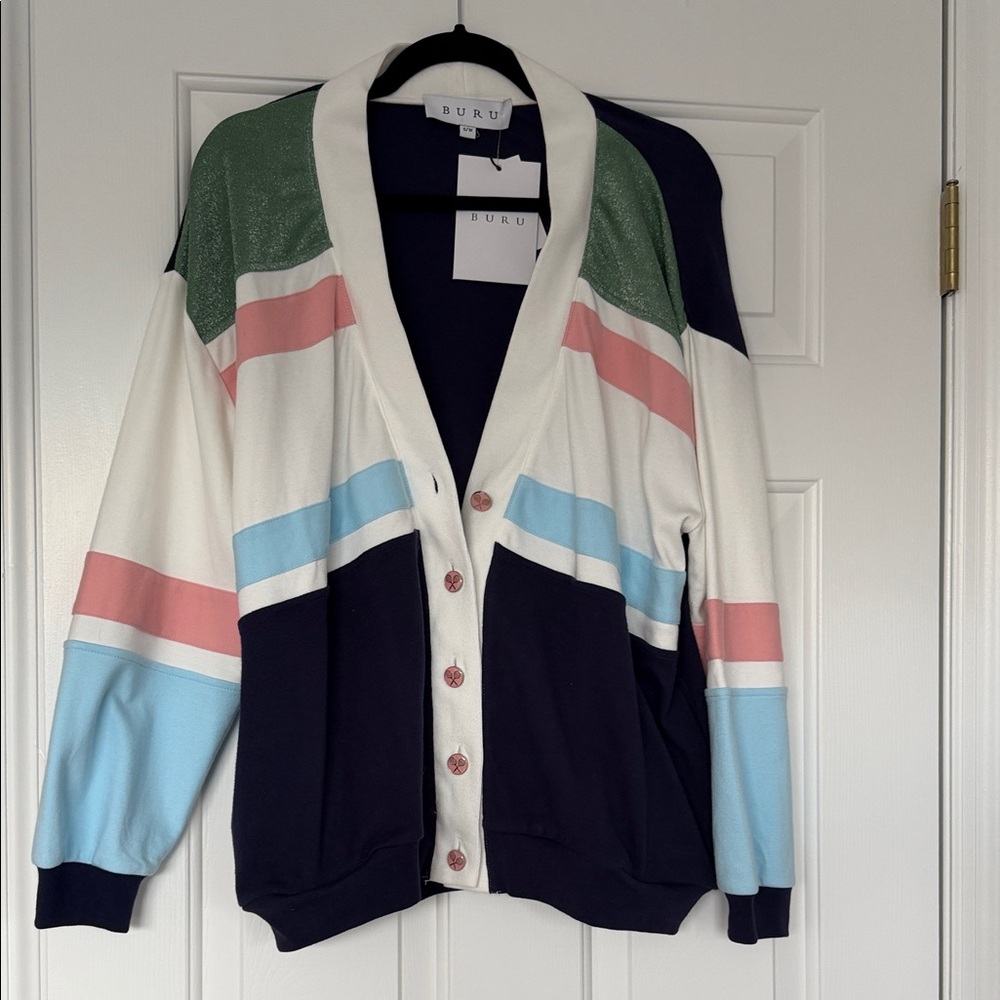 New with tags BURU Colorblock Navy Green Pink & White tennis cardigan